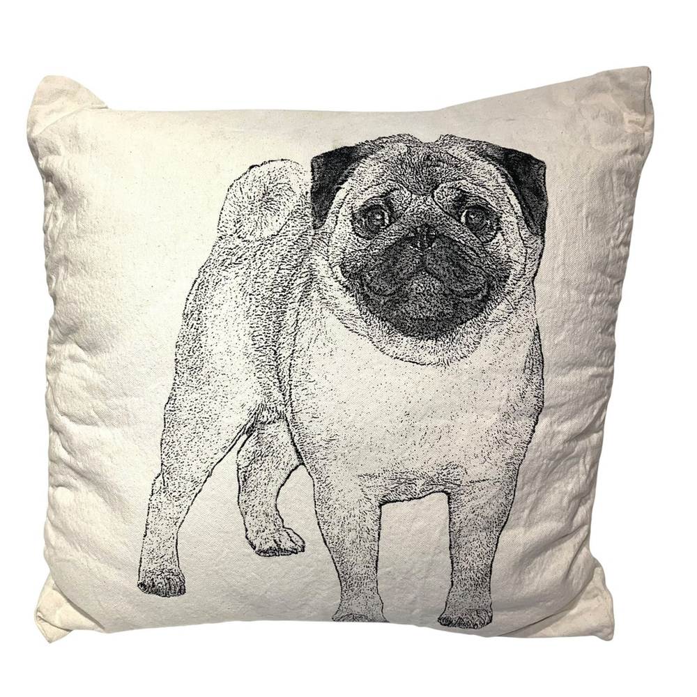 Eric & Christopher Hand Screen Printed Pug Print Pillow 17x17 Beige Black USA